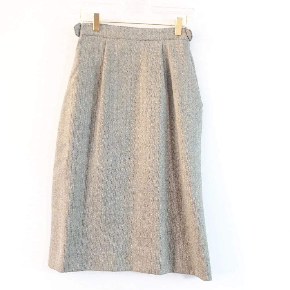 1960s Vintage Chevron Skirt XS Gray Pleated Edwardian Front‎ Slit Secretary Long